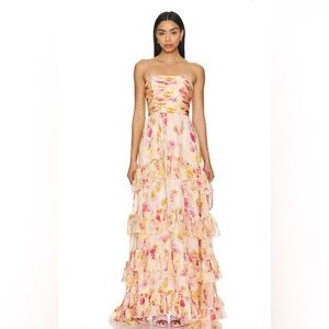 REVOLVE AMUR Mallory Tiered Gown in Flowers in Cloud Size 0